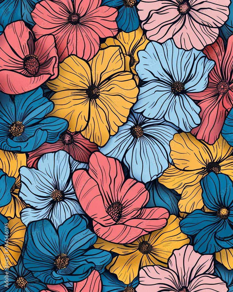 Floral seamless pattern with graphic flowers. illustration. background with spring flowers. generative ai Floral seamless pattern with graphic flowers. illustration. background with spring flowers. generative ai