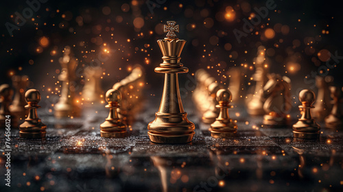 Gold and diamond Chess king standing tall among pawns on an abstract background, illustrating strategic leadership and individual authority. Generative Ai Illustration.