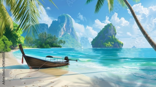 Beautiful summer landscape of tropical island with boat in ocean