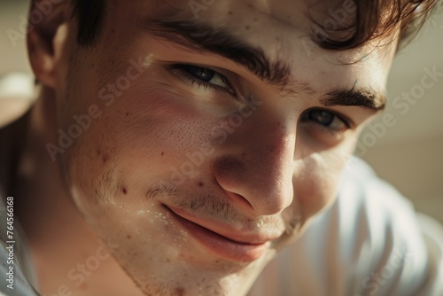 Close up of a young man with a gentle smile, warm and inviting atmosphere, soft earth tones and subtle sunlight