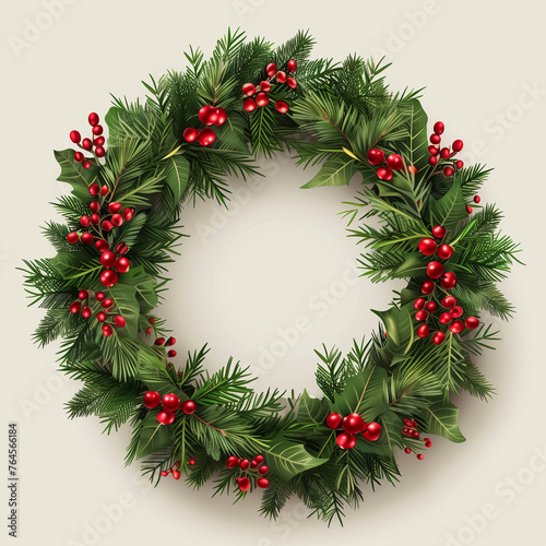 Digital illustration of Evergreen wreath with with red berries and holly