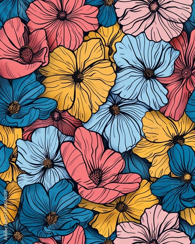 Floral seamless pattern with graphic flowers. illustration. background with spring flowers. generative ai