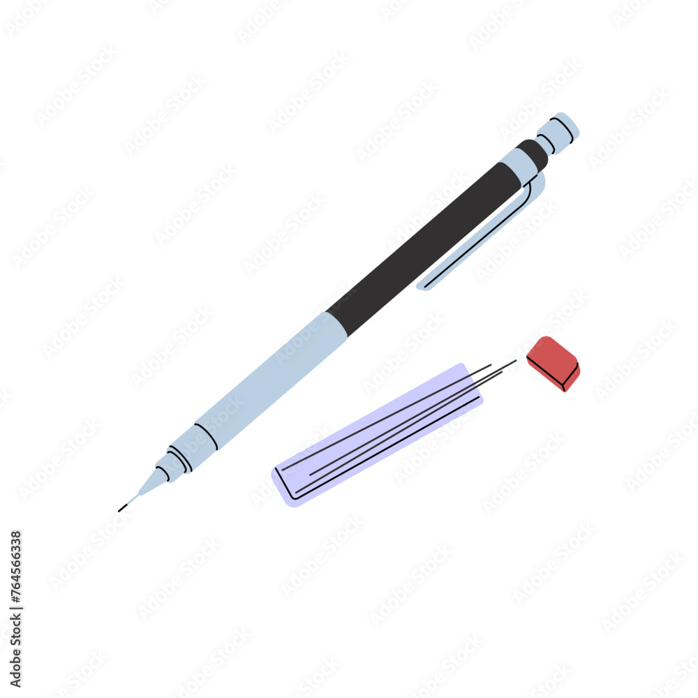 Mechanical pencil with refill graphite leads. Drawing tool. School supplies for writing. Office stationery for drafting. Sketching instrument. Flat isolated vector illustration on white background Mechanical pencil with refill graphite leads. Drawing tool. School supplies for writing. Office stationery for drafting. Sketching instrument. Flat isolated vector illustration on white background