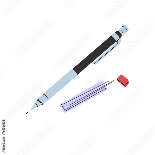 Mechanical pencil with refill graphite leads. Drawing tool. School supplies for writing. Office stationery for drafting. Sketching instrument. Flat isolated vector illustration on white background