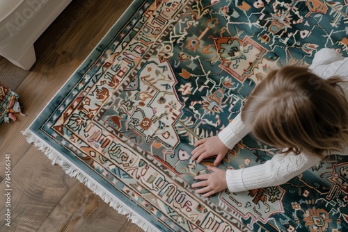 child laying a patterned area rug © primopiano