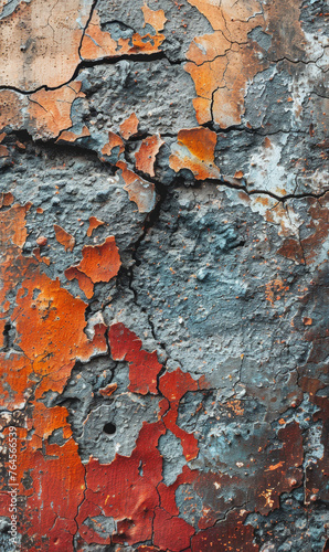 Vibrant abstract grunge texture with layers of peeling paint on an aged surface.