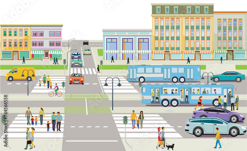 Straßenverkehr mit Fußgänger und Autos auf Straßen in der Stadt, Illustration © scusi