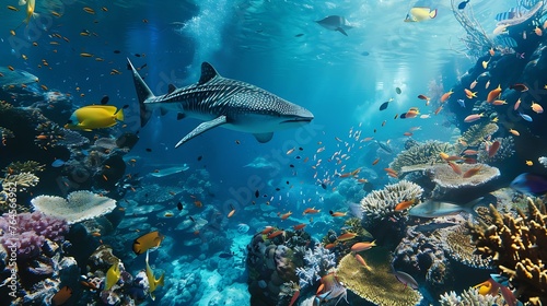 Generative AI : background of beautiful coral reef with marine tropical fish. Whale shark,  © The Little Hut