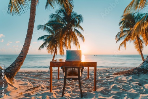 Minimalist Beach Office at Sunset: Remote Worker Finds Serenity and Inspiration in a Simplistic Seaside Workspace, Embracing the Calm and Beauty of Tropical Freelancing. photo