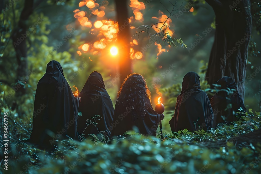 Witches in Black Cloaks Performing a Ritual in a Dark Forest: Halloween Witchcraft Scene. Concept Halloween, Witchcraft, Dark Forest, Ritual, Black Cloaks - obrazy, fototapety, plakaty 