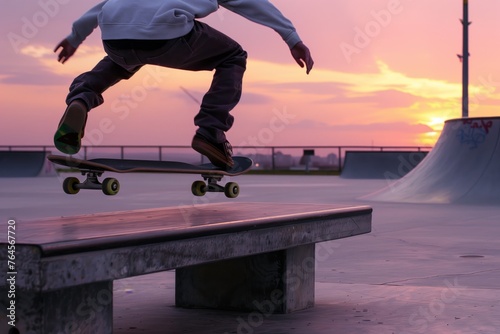 skateboarder doing an ollie over a concrete bench at sunset photo