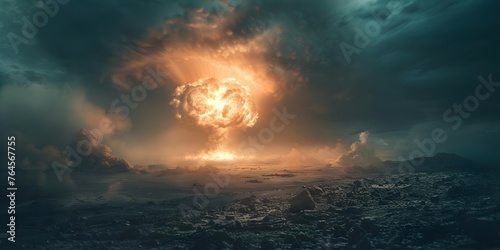 Apocalyptic scene with massive mushroom cloud from nuclear explosion cinematic concept. Concept Film Production, Nuclear Disaster, Sci-Fi Special Effects photo