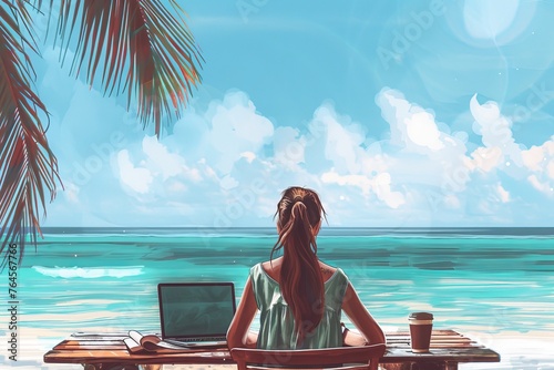 Seaside Sunset Office: Man with Headphones Finds Relaxation and Productivity Working Remotely on Tropical Beach, Embracing the Warmth and Serenity of Golden Hour.