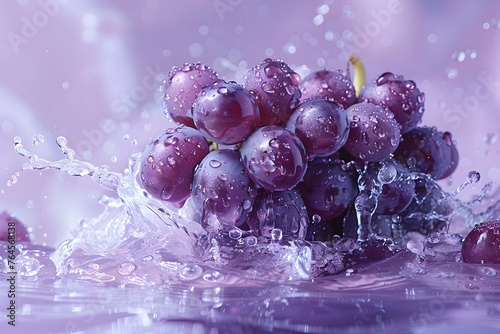 Luscious Grape Cluster with Splashing Water on Lavender Background in Professional Studio Lighting