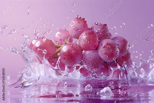 Luscious Grape Bunch with Water Splash on Lavender Background