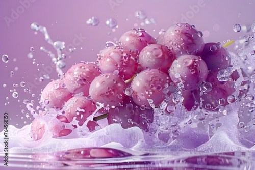 Luscious Grape Bunch with Water Splash on Lavender Background in Studio Lighting for Advertising