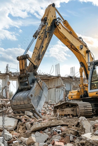 A contractor operating heavy machinery and equipment at a demolition site, clearing debris and preparing the area for construction, Generative AI