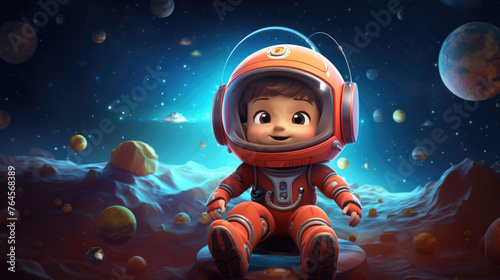 A 3d tiny cute robot astronaut boy mascot character with spaceman suit, standing, posing, walking and floating in space, with moon surface, rocket and universe background