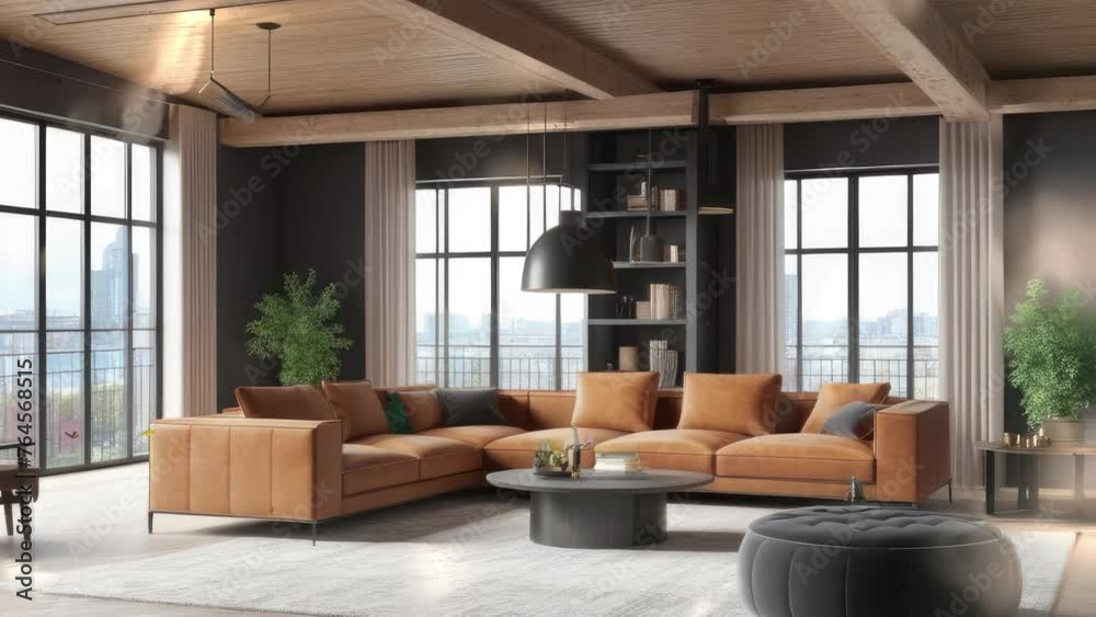 3D rendering. Living room with sofa in a loft-style apartment. 3D rendering. Living room with sofa in a loft-style apartment.