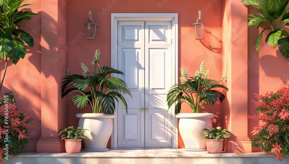 A lovely pink house with a white door, adorned with potted plants creating a charming entrance. The interior design features houseplants and light fixtures to enhance the ambiance