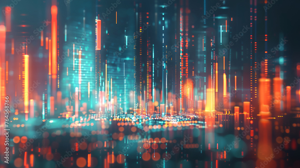 3d illustration of financial graph and chart over cityscape background ,graph, statistical diagram neon blue lighting with financial indicators and investment city blurred in background
