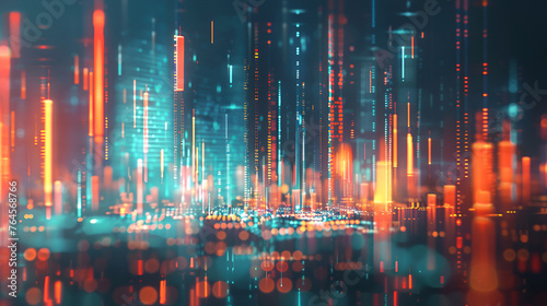 3d illustration of financial graph and chart over cityscape background ,graph, statistical diagram neon blue lighting with financial indicators and investment city blurred in background 