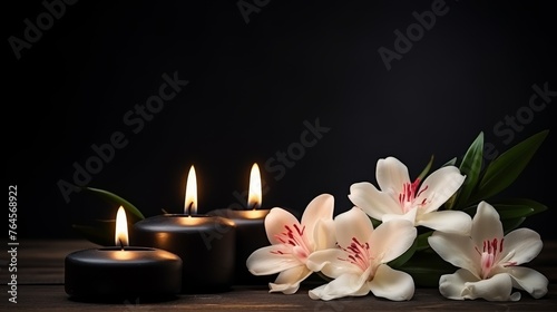 Burning candles and flowers on black background 