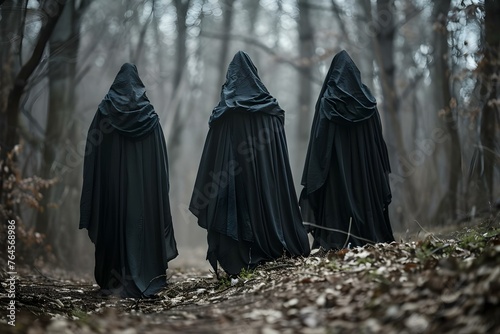 Witches in black cloaks perform a ritual in a dark forest for Halloween. Concept Halloween, Witches, Ritual, Dark Forest, Black Cloaks