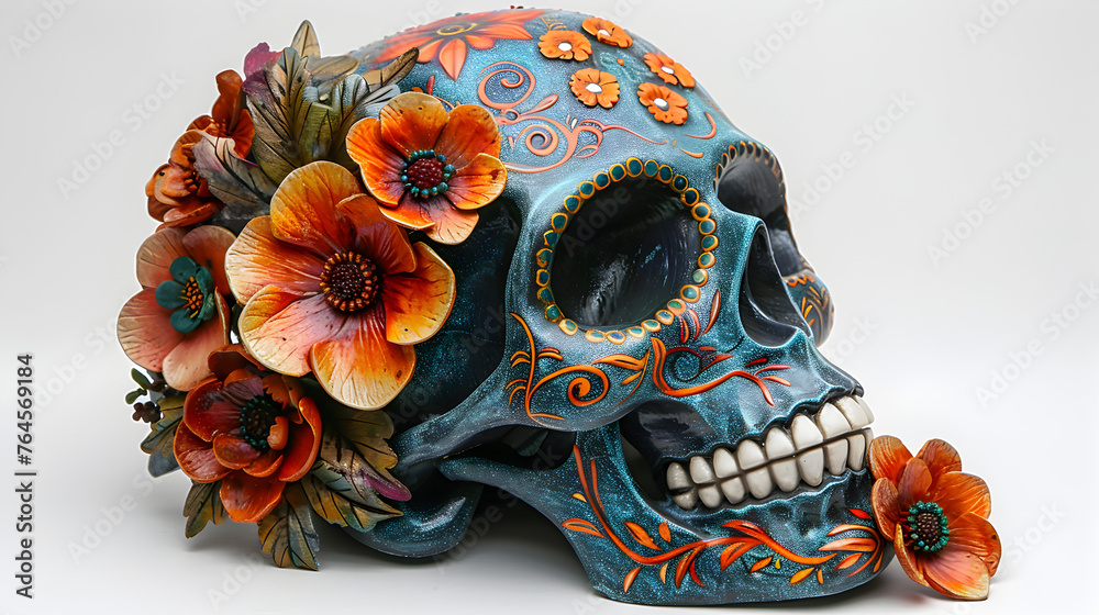  Mask day of the dead, sugar skulls, colorful, flowers, top angle, right copy space.