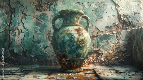 a painting of a still life arrangement of aged painted vases  , turquoise color, resting on a weathered wooden table, art work for wall art, home decor and wallpaper  photo