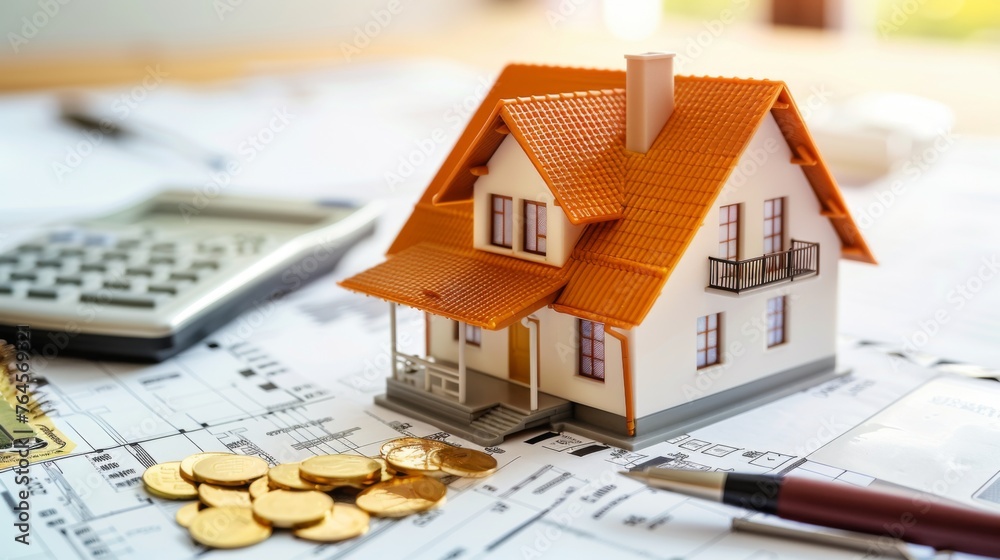 Calculating Energy Efficient House, model on a table Calculating Energy Efficient House, model on a table