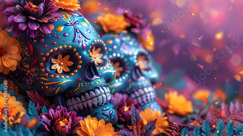  Mask day of the dead  sugar skulls  colorful  flowers  top angle  right copy space.