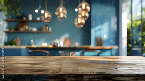 Blurred background of a modern kitchen with a wooden table top in the foreground