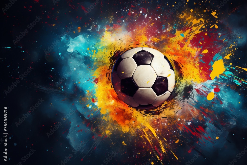 Naklejka premium Soccer ball circled by vibrant paint splashes in a world of color