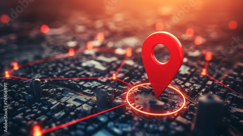 Red map pin in cityscape and network connection photo