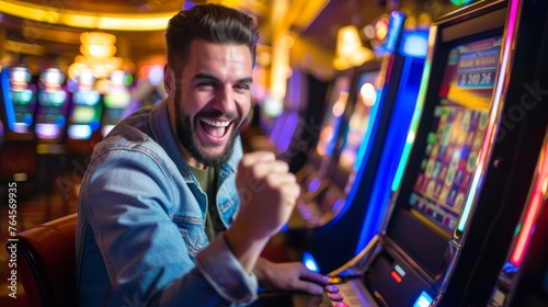 Portrait of a happy gambler win money in in casino playing at slot machines photo