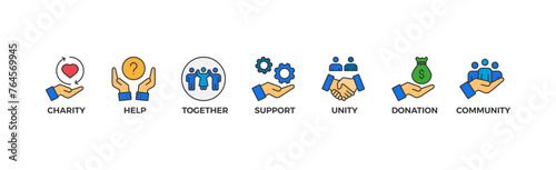 Volunteering banner web icon vector illustration concept for volunteer aid assistant with icon of charity, help, together, support, unity, donation, and community