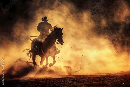Cowboy on bucking bronco in rodeo arena kicking up dust. Concept Rodeo Events, Bucking Bronco, Cowboy Lifestyle, Western Culture, Action Shots photo