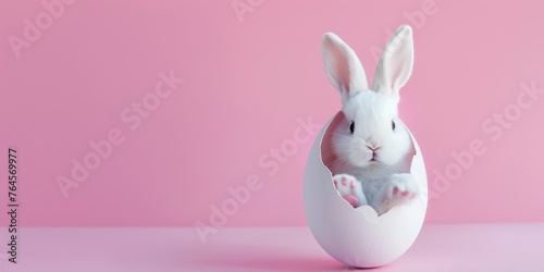 hatched painted egg with easter bunny from it, minimalistic, white pink background 
