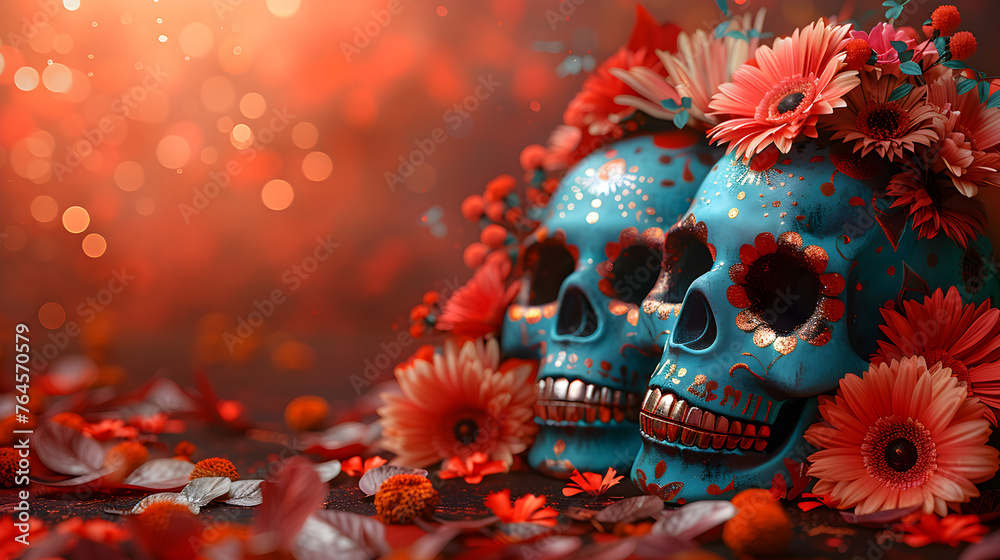ask day of the dead, sugar skulls, colorful, flowers, top angle, right copy space. ask day of the dead, sugar skulls, colorful, flowers, top angle, right copy space.