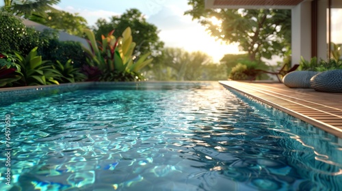 Tranquil resort pool at sunset with lush tropical foliage and relaxing poolside ambiance © lemoncraft