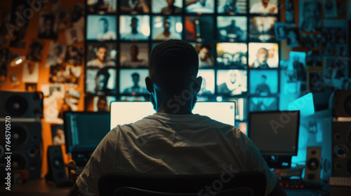 A man sits in front of a vast array of surveillance screens in a dimly-lit security room, intently observing the footage