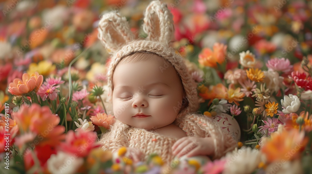 Cute newborn baby boy in bunny costume wearing hat with ears in flower garden, generative ai Cute newborn baby boy in bunny costume wearing hat with ears in flower garden, generative ai