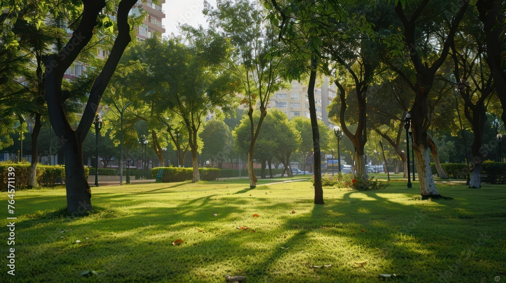 Beautiful landscape of a city park, with beautiful grass, trees and sun