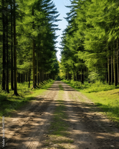 Serene forest landscape with dirt road leading through tall trees