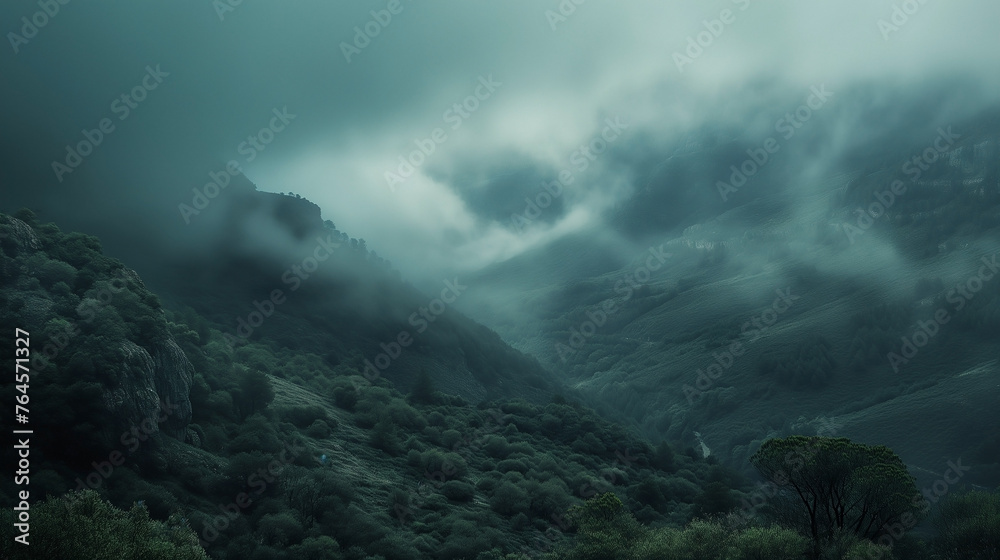 Ethereal mountain landscape enveloped in mist with undulating terrain