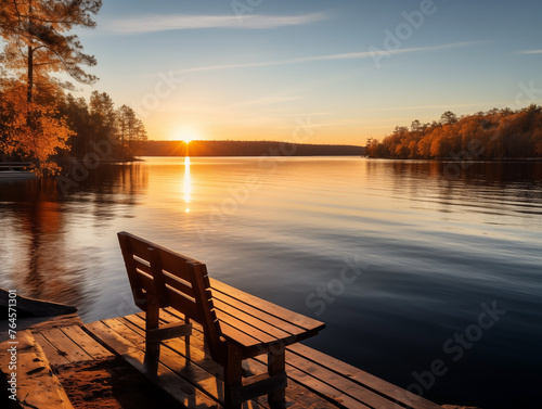 Peaceful lakeside landscape with wooden bench facing a radiant sunset