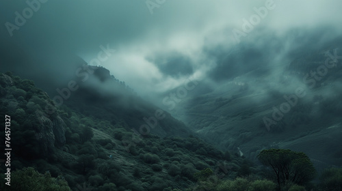 Ethereal mountain landscape enveloped in mist with undulating terrain © Artem81