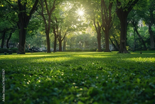 Beautiful landscape of a city park, with beautiful grass, trees and sun