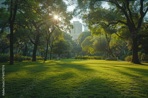 Beautiful landscape of a city park, with beautiful grass, trees and sun